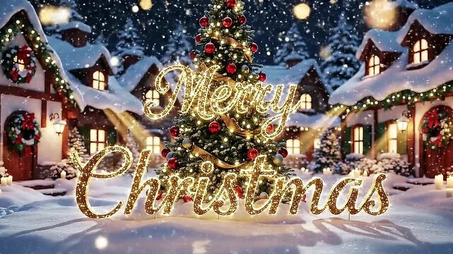 Magical merry christmas village glowing christmas tree, snowy night, festive lights, cozy winter houses, warm holiday greeting scene