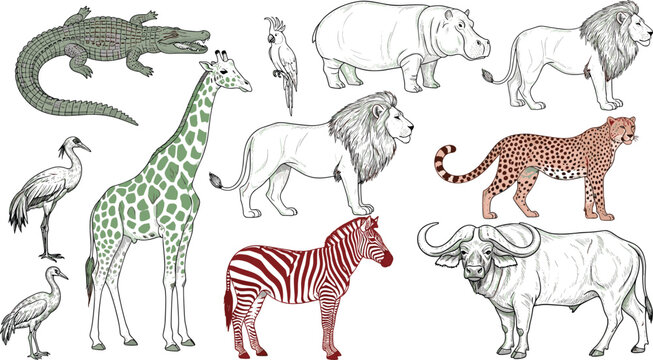 Collection of African wildlife animals including a lion, giraffe, zebra, crocodile, and elephant in a stylized illustration - Powered by Adobe