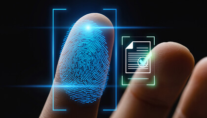 The Fingerprint Scan. A futuristic blue neon light is scanning the fingerprint. On a holographic display, a virtual document is receiving a glowing green checkmark as the scan completes.
