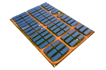 Large-scale solar farm with photovoltaic panels on dirt ground isolated with transparent background