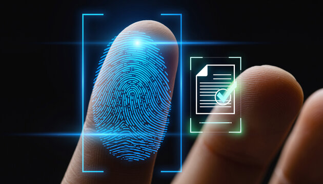 The Fingerprint Scan. A futuristic blue neon light is scanning the fingerprint. On a holographic display, a virtual document is receiving a glowing green checkmark as the scan completes.
 - Powered by Adobe
