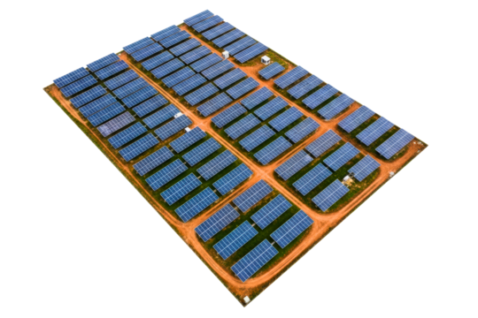 Large-scale solar farm with photovoltaic panels on dirt ground isolated with transparent background - Powered by Adobe