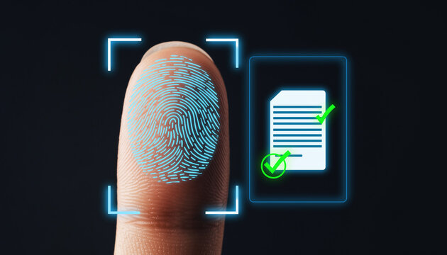 The Fingerprint Verification. A futuristic blue neon light is scanning the fingerprint. On a holographic display a virtual document is shown instantly receiving a glowing green checkmark .

