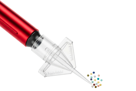 Close-up of a craft tool picking up colorful small beads isolated with transparent background