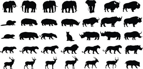 A collection of diverse animal silhouettes, including elephants, rhinoceroses, lions, deer, and buffalo, showcasing a variety of wildlife