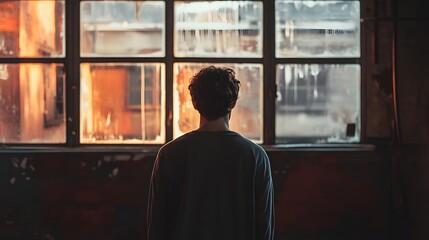 young woman looking out window