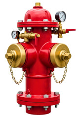 Fototapeta premium Red fire hydrant with brass nozzles and pressure gauges attached isolated with transparent background