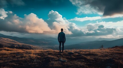 Fototapeta premium A man stands on a hilltop overlooking a vast mountain range and a blue sky with fluffy clouds.