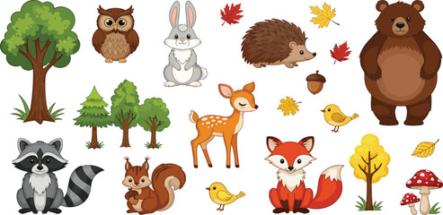 Fototapeta premium Adorable forest animals and trees, cute woodland creatures including a fox, deer, bear, owl, rabbit, and hedgehog in a playful illustration