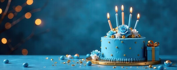 Elegant blue & gold birthday cake & gifts, vector , happy birthday, greeting