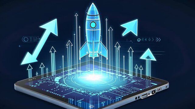Digital rocket launching from a tablet with circuit board and arrows smartphone Ultra Realistic Cinematic Stock Footage  4K UHD Professional Royalty Free Video