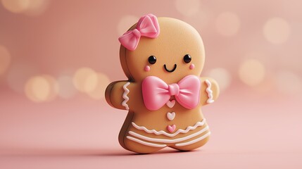 Gingerbread girl with pink bows and heart icing details.