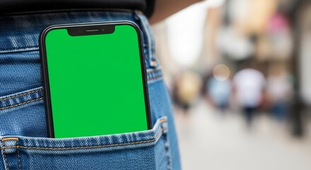 Close up of a mobile phone with a green screen in the back pocket of blue jeans on a blurred street background