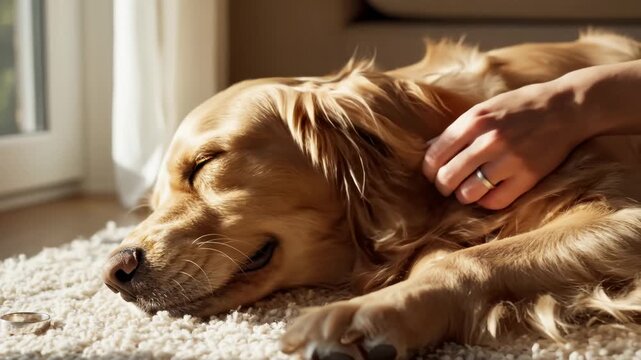 Woman's Hand Gently Petting a Sleeping Golden Retriever - Powered by Adobe