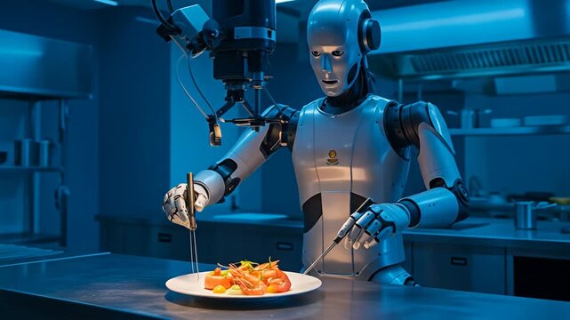 A humanoid robot in a blue-lit kitchen plates food with precision tools
