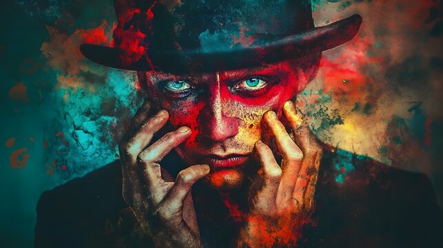 A man with blue eyes and red face paint wears a black bowler hat and stares intensely at the viewer. The background is blurred and colorful, suggesting a fantasy or supernatural theme.
