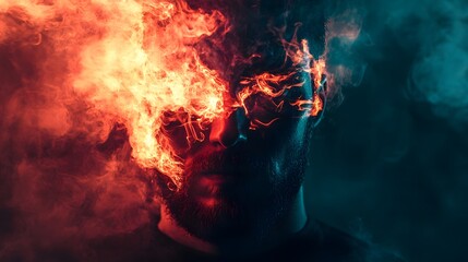 Fototapeta premium A man's face is half engulfed in flames and half in smoke, representing duality or conflict.