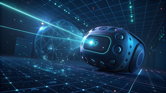 Futuristic vr headset with glowing lights and digital grid background, symbolizing advanced technology and immersive virtual reality experience