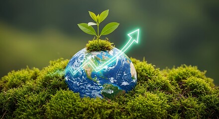 Sustainable growth for global business shown with Earth globe and seedling