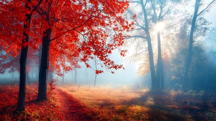 A misty autumn forest with red leaves, sunlight shining through the trees.
