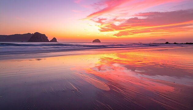 Dramatic Orange Pink Sunset Over Reflective Wet Beach Sand and Ocean Waves with Coastal Rock Formations in the Distance