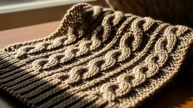 Detailed texture of a knitted fabric with a cable pattern illuminated by sunlight