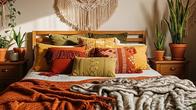 Warm bedroom interior with pillows, bedspread, plants and hanging macrame textile art