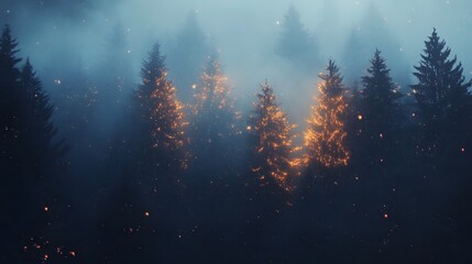 A misty forest with tall evergreen trees, glowing with an ethereal light.