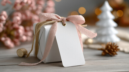 White gift box with blank tag for christmas greetings
