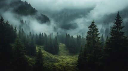 A misty morning in a pine forest with rolling hills and fog covering the mountains in the background.