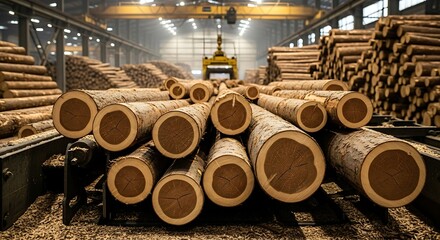 Stacked logs in warehouse industrial timber woodpile lumber storage forestry resources