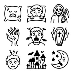 A set of doodle line icons depicting nightmares, with spooky imagery like grim reaper, haunted house, coffin, and scared sleepers