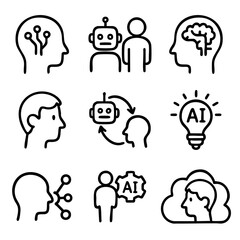 A set of doodle line icons representing AI, showing human and robot interaction, machine learning, brain tech, and cloud thinking