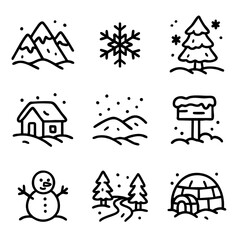 A set of doodle line icons depicting winter scenery, including mountains, snowflakes, trees, cabins, igloos, snowmen, and snowfall