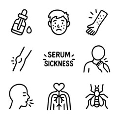 A set of doodle line icons illustrating serum sickness symptoms, including rash, swelling, cough, itching, joint pain, and allergic reactions