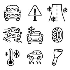 A set of doodle line icons related to winter driving, showing snow-covered cars, icy roads, tire traction, cold weather, and safety tools