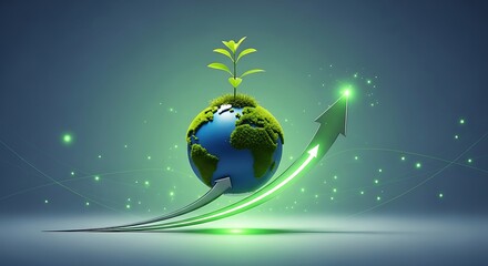 Green planet earth rising with growth arrow shows sustainability success