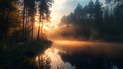 A misty sunrise over a serene lake in the forest, with golden light illuminating the water and trees.