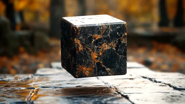 Floating black marble cube in autumn forest setting