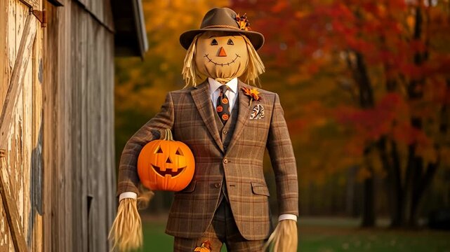 Scarecrow in a suit holds a carved pumpkin next to weathered barn during fall
