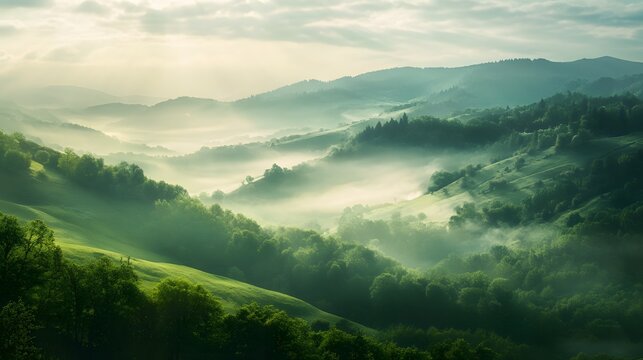 A misty sunrise over rolling green hills and valleys.