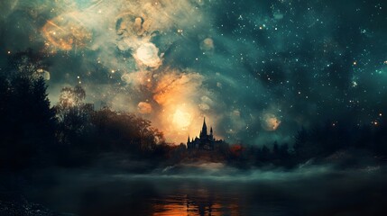 A mystical castle silhouette with a full moon and starry sky in the background, surrounded by forest and fog.