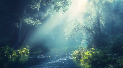 A mystical forest scene with a river winding through the trees and sunlight breaking through the foliage.