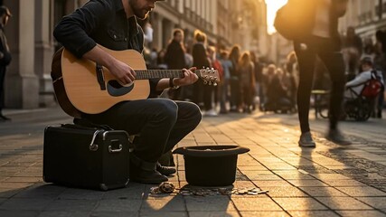 Street musician plays guitar for passersby on cobblestone city street during the day - Powered by Adobe