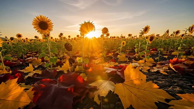 Sunflowers in field, fallen leaves scattered ground, sunset, golden hour, peaceful scene