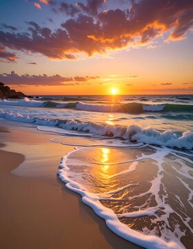 A vibrant sunset casts golden light on the beach and ocean, with waves gently rolling to the shore. Clouds ablaze