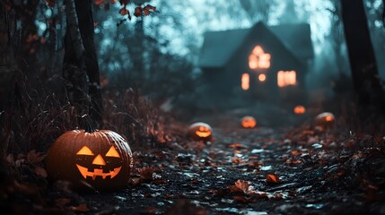 A path lined with jack-o-lanterns leads to a mysterious house in the woods.