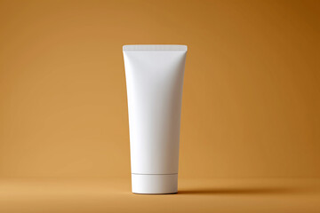 White cosmetic cream tube mockup on brown background