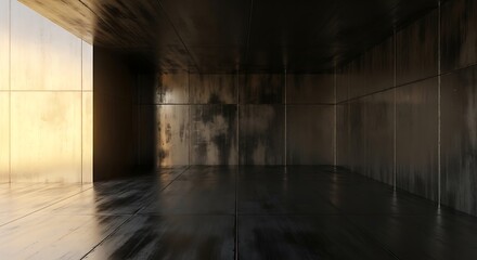 Empty square room with Stainless metal industrial matallic dark abstract background for modern design in warm light