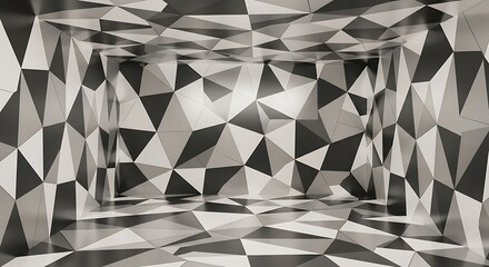 Empty square room with Black, white and silver abstract polygonal with triangle of future pattern is render template texture element art modern design metallic background